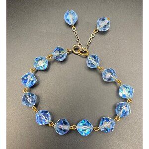Vintage AB Blue Crystal Bead Bracelet Gold-Tone Chain 7.5" Spring Ring Dangle